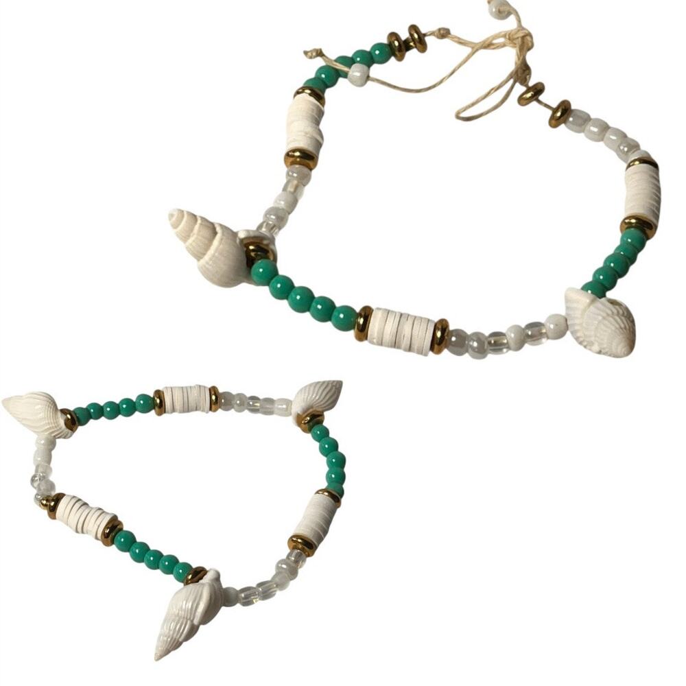 Womens Set Bracelet & Anklet Shells Beaded Turquoise White Nautical Jewelry